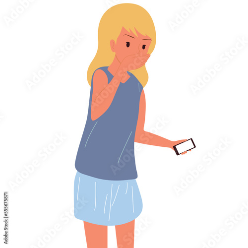 The girl holds a smartphone in her hand. Emotions. Vector.