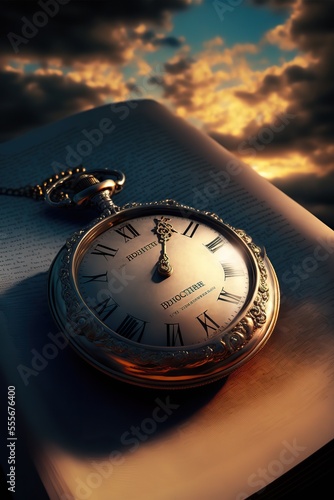 Old pocket watch on bible book. Passing of time concept. Clouds and sky. Fantasy scene. Generative ai