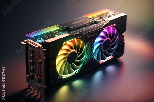 Graphics card. Modern gaming GPU with RGB neon lights, graphics processing unit, generative ai