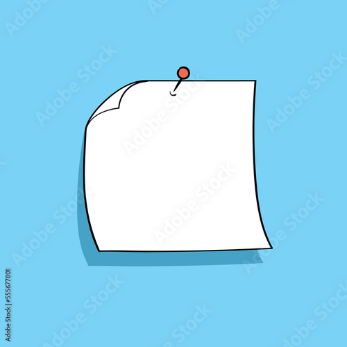 White cartoon note paper pinned with a red pin. Hand drawn doodle notepaper for messages. Vector illustration