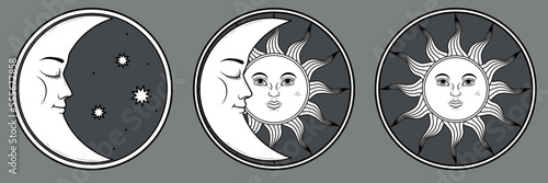 Moon and sun with faces in a round frame collection - retro style illustration isolated on a dark background. Vector illustration