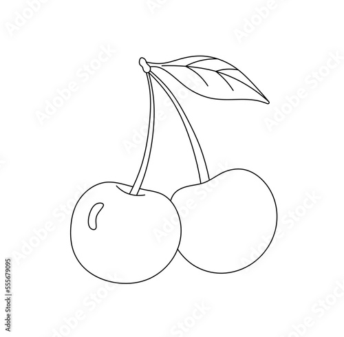 Vector isolated simple minimal two cherry berries on sticks with leaf colorless black and white contour line easy drawing