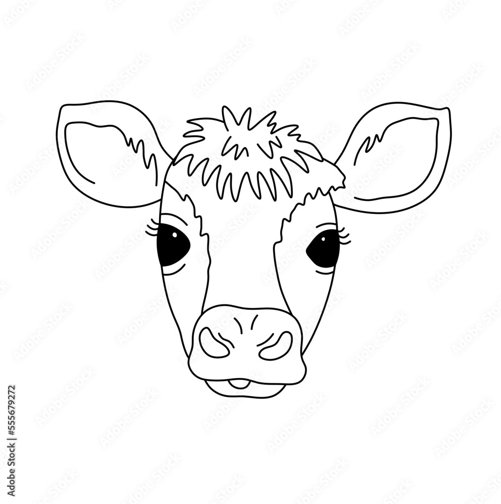 Vector isolated cute cartoon cow bull without horns shaggy head face  portrait colorless black and white contour line easy drawing Stock Vector |  Adobe Stock