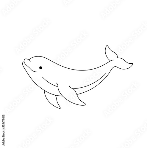 Vector isolated cute cartoon swimming floating smiling dolphin  colorless black and white contour line easy drawing