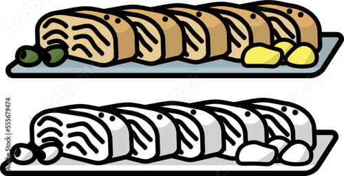 Cooked fish slices from salmon, cod or tuna fish with potato and olives. vector illustration icons isolated on white with black outline.