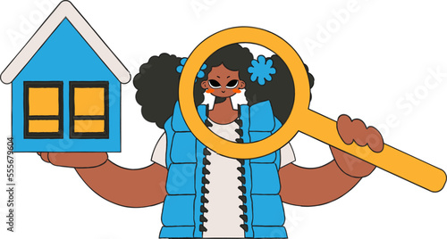 Real estate realtor woman holding a house and a magnifying glass. Selling and owning a house.
