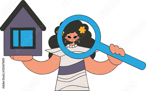 Real estate realtor woman holding a house and a magnifying glass. Investment in real estate.