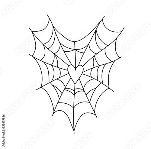 Vector isolated heart shape spider web threads colorless black and white contour line easy drawing