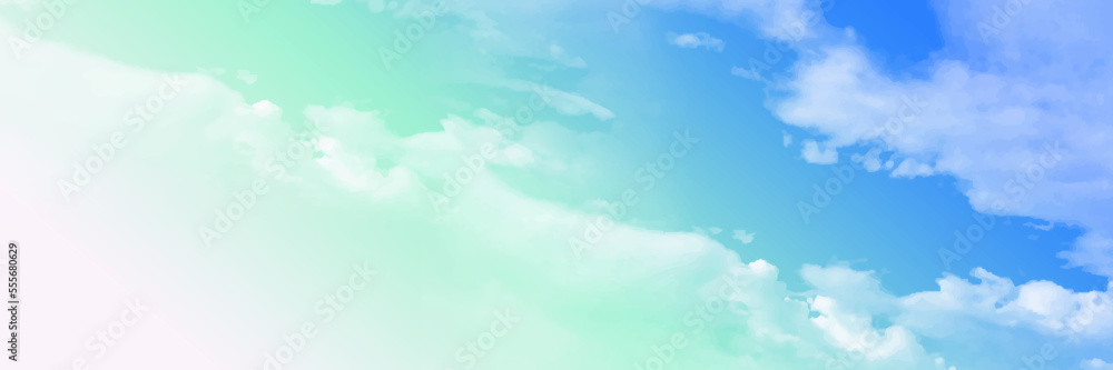 Sky pastel tone with fluffy cloud in blue, pink, purple, orange in morning,Fantasy magical colourful sunset sky on spring or summer,Vector illustration sweet cotton cloud background for holiday banner