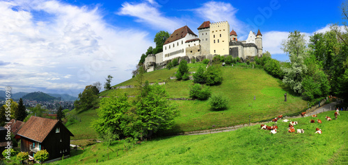 Scenic Swiss landscape with medieval castles and green pastures. Lenzburg , Switzerland