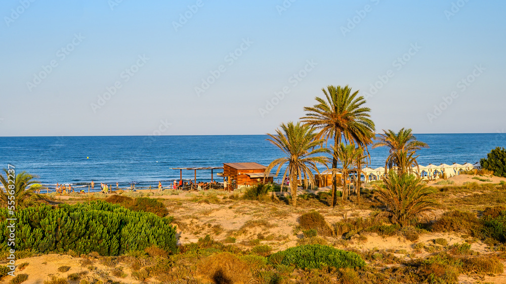 Fototapeta premium Elche beach in the golden dusk light. Landscape and scenic in the famous place and tourist attraction, Spain