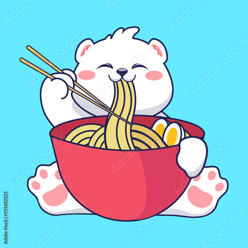 illustration of the cute happy funny white bear eating noodles from the bowl. Vector flat cartoon kawaii character illustration icon design. Bear eat noodle, ramen