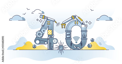 Industry 4.0 as factory manufacturing future generation outline concept. Production process development with automation or performance optimization using digital high tech conveyer vector illustration