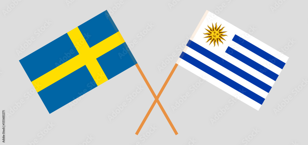 Crossed flags of Sweden and Uruguay. Official colors. Correct proportion