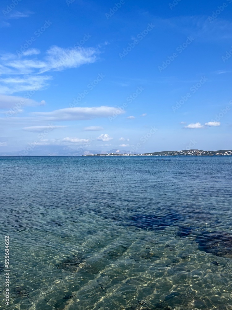 Transparent sea surface, blue sea horizon, blue seascape background Transparent sea surface, blue sea horizon, blue seascape background
