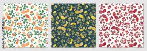 Seamless floral pattern set with flowers and leaves. Vector illustration.