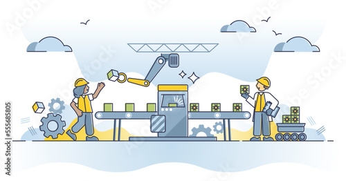 Production line and manufacturing conveyer in 4.0 factory outline concept. Industrial robot arm process with semiconductor and microchip belt vector illustration. Technology parts delivery and export.