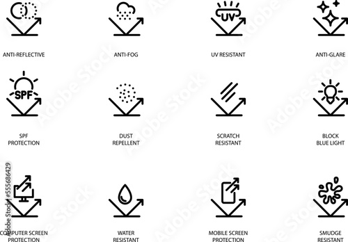 Eyeglass Lens Coatings icons, vector illustration