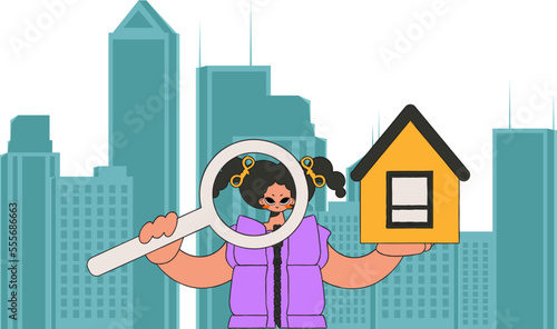 Concept Selling and owning a house. Realtor girl holding a house.