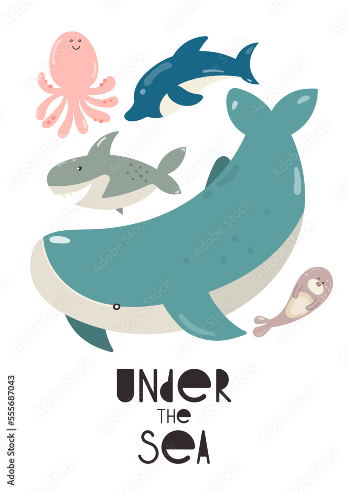 Fototapeta premium Nautical Nursery Wall Art Cute Poster with Underwater Animals