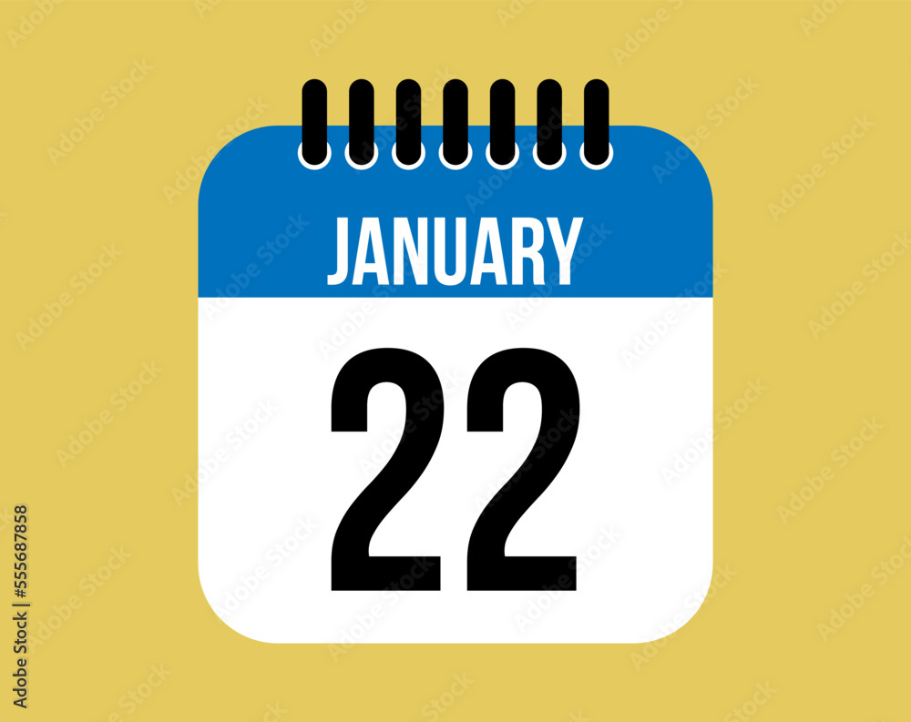 22 January day calendar icon. Blue calendar vector on yellow background for January days. Sheet design for reminder and special dates 22 January day calendar icon. Blue calendar vector on yellow background for January days. Sheet design for reminder and special dates