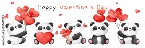 Draw baby panda bear with red heart for valentine day