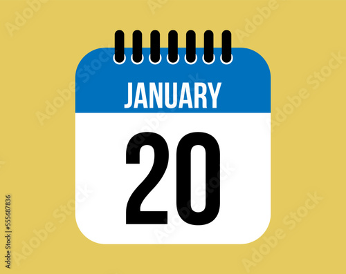 20 January day calendar icon. Blue calendar vector on yellow background for January days. Sheet design for reminder and special dates