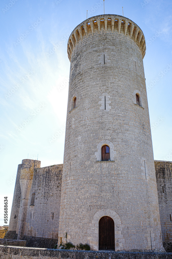 Palma, Spain - 8 November, 2022: Torre de Homenaje at the Castel de Bellver, overlooking the city of Palma, Mallorca