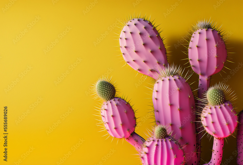 Colourful pink cactus plant against yellow background. Generative ai Colourful pink cactus plant against yellow background. Generative ai