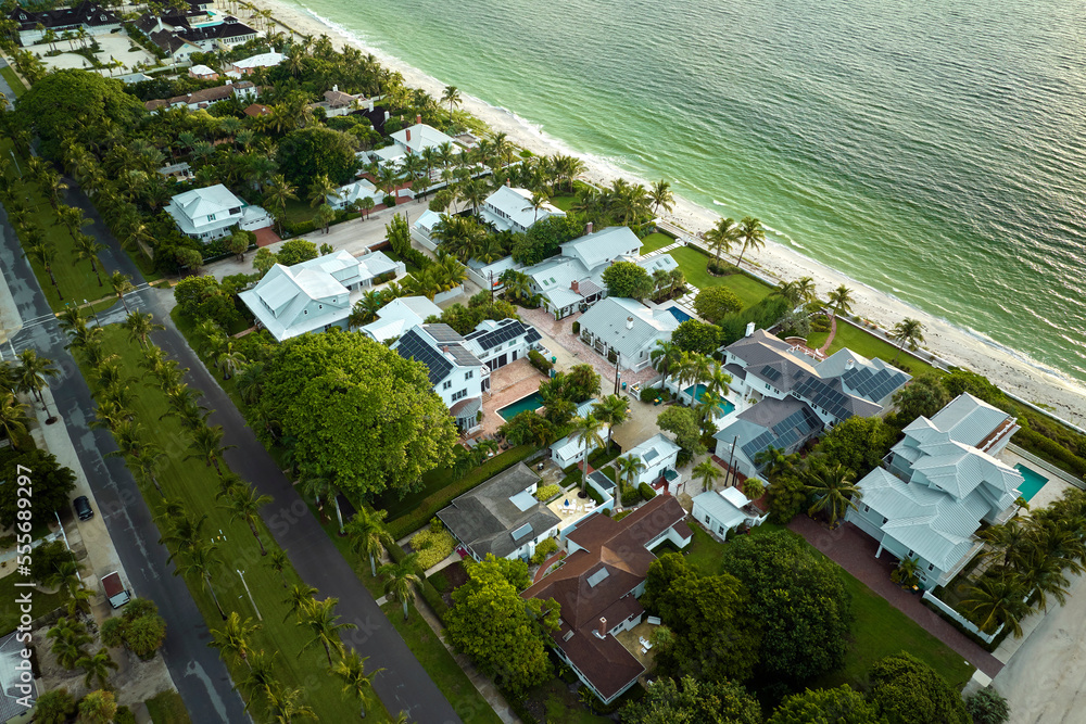 Aerial view of expensive residential houses in island small town Boca