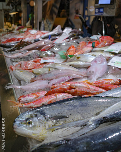 Palma de Mallorca, Spain - 10 Nov 2022: Fresh produce on sale in the Mercat de Santa Catalina