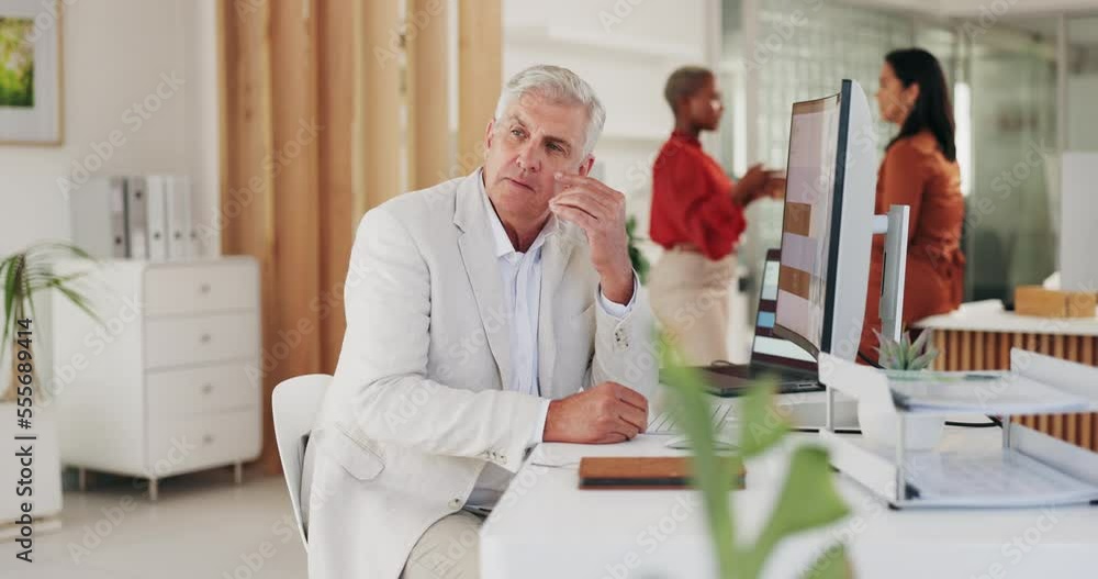 Senior, computer or CEO thinking of idea, problem solving or solution while typing an email at office desk. Focus, ideas or company businessman working on a seo digital marketing strategy online Senior, computer or CEO thinking of idea, problem solving or solution while typing an email at office desk. Focus, ideas or company businessman working on a seo digital marketing strategy online