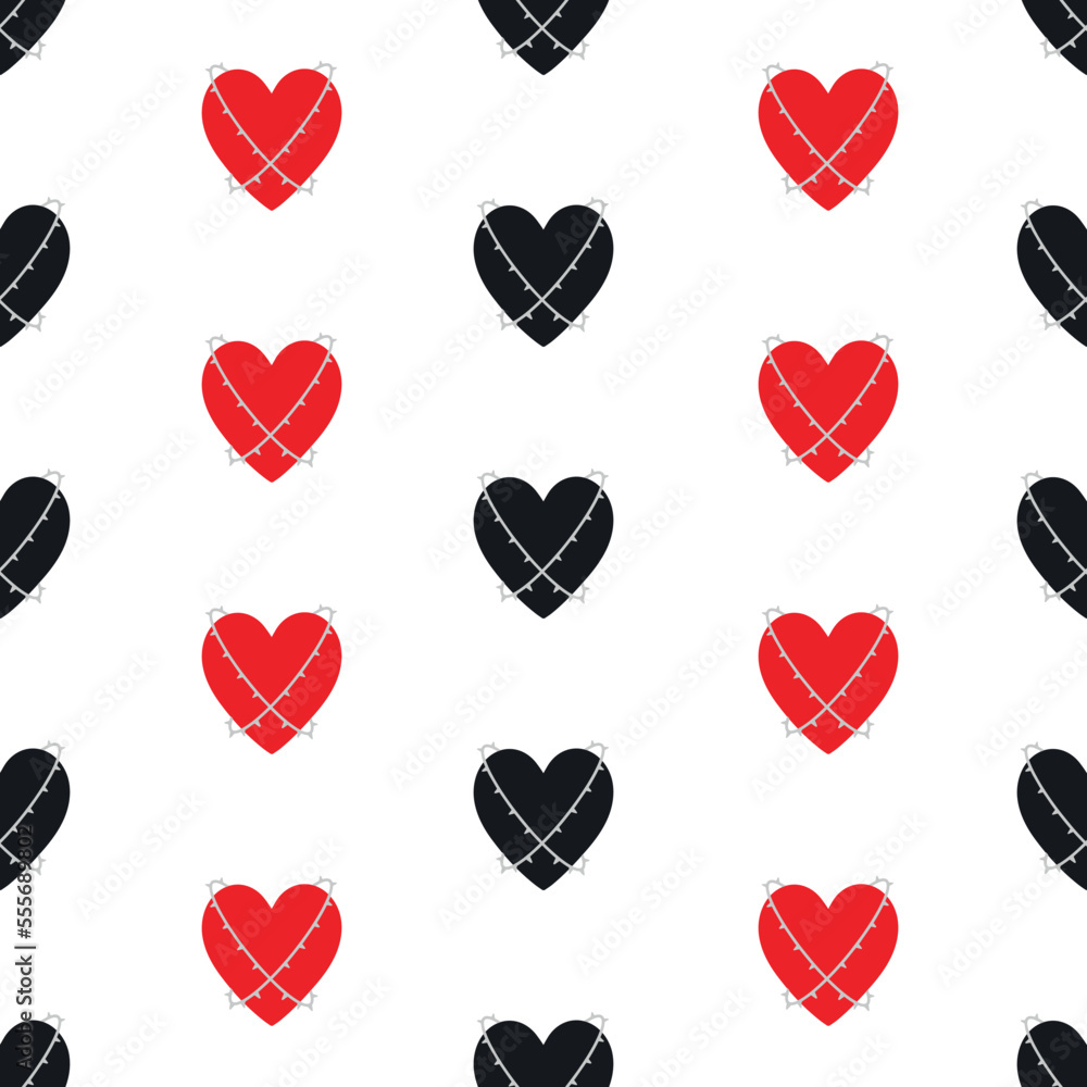 Pattern with hearts in wires. Black and red heart pattern. Vector silhouette of heart. Card for Valentine's Day.