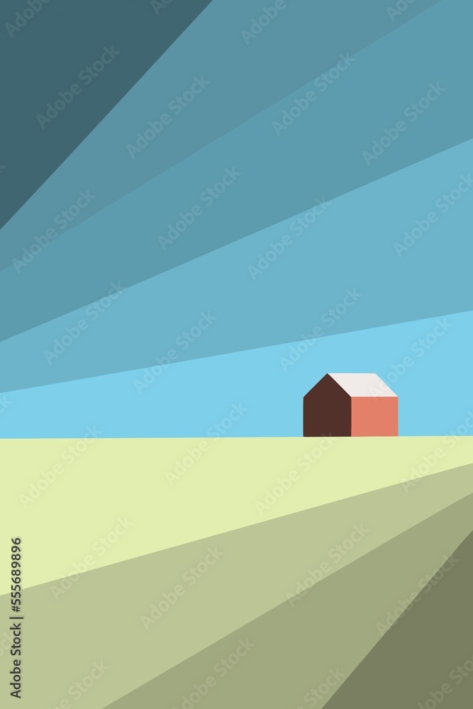 Handmade illustration of a country landscape in geometric style with a building