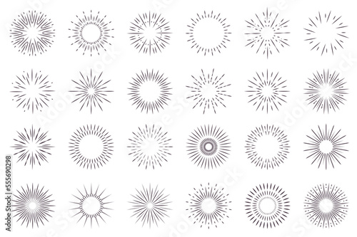 Sunburst isolated graphic elements set in flat design. Bundle of abstract round contour of sun or line firework explosions shapes, geometric light flash symbols for decoration. Illustration.