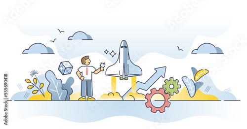 Performance boost, business development and company growth outline concept. Successful businessman with production rise and progress vector illustration. Investment profit rise and fast acceleration.