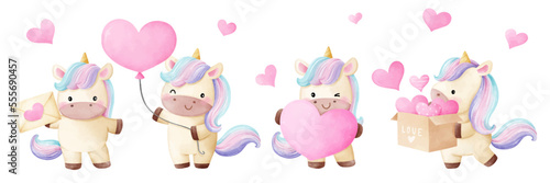 Draw banner cute unicorn with pink heart for valentine day © anchalee