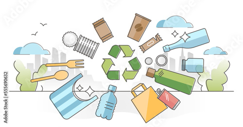 Green packaging as paper, glass or plastic wrapping recycling outline concept. Single use organic containers, bags, bottles and cups for sustainable product resources consumption vector illustration.