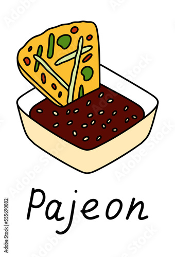 Pajeon with soy sauce and sesame, korean traditional food. Vector illustration with lettering.