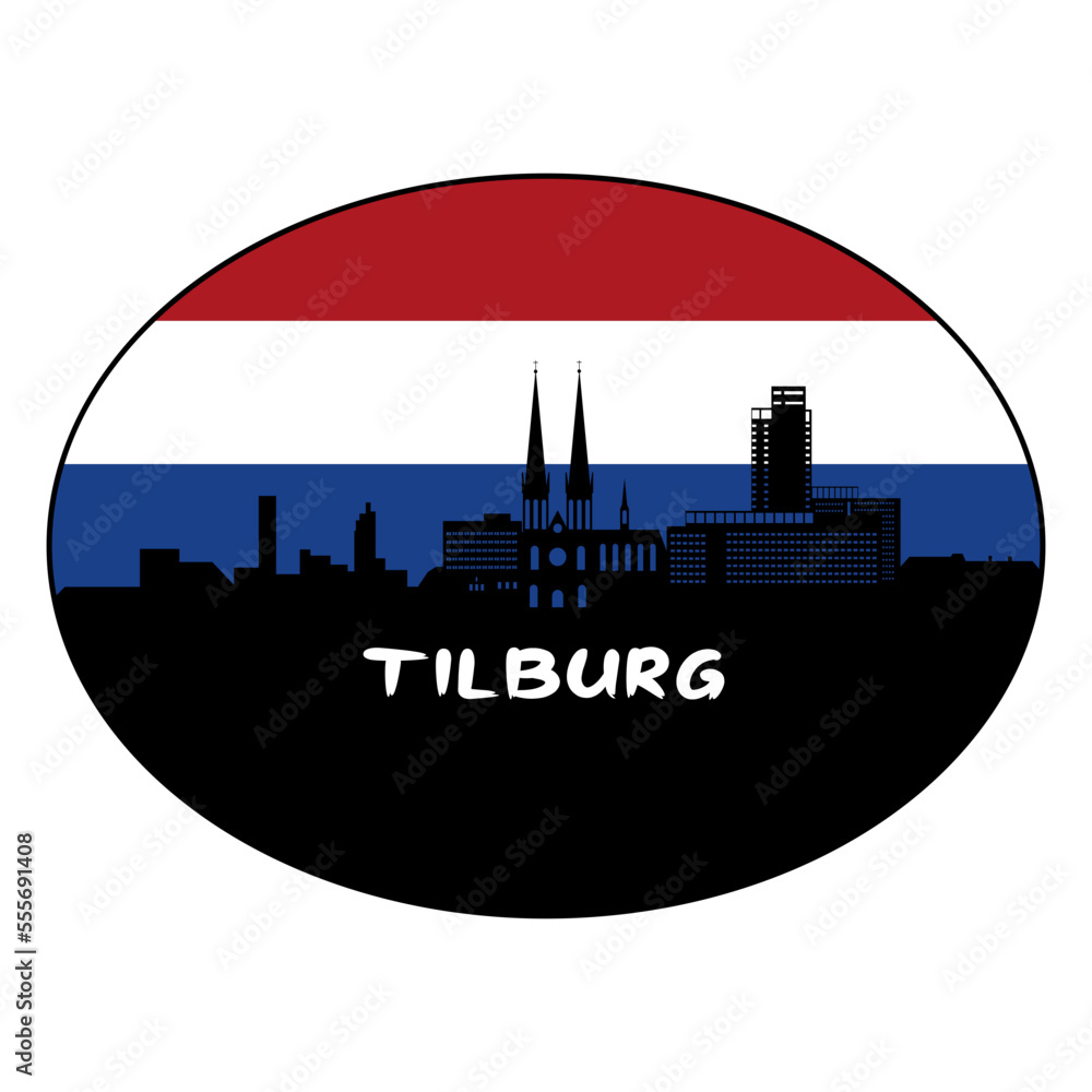 Tilburg Netherlands Flag Skyline Silhouette Retro Vintage Sunset Tilburg Lover Travel Souvenir Sticker Vector Illustration SVG EPS