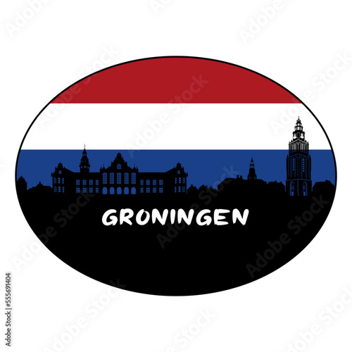 Groningen Netherlands Flag Skyline Silhouette Retro Vintage Sunset Groningen Lover Travel Souvenir Sticker Vector Illustration SVG EPS