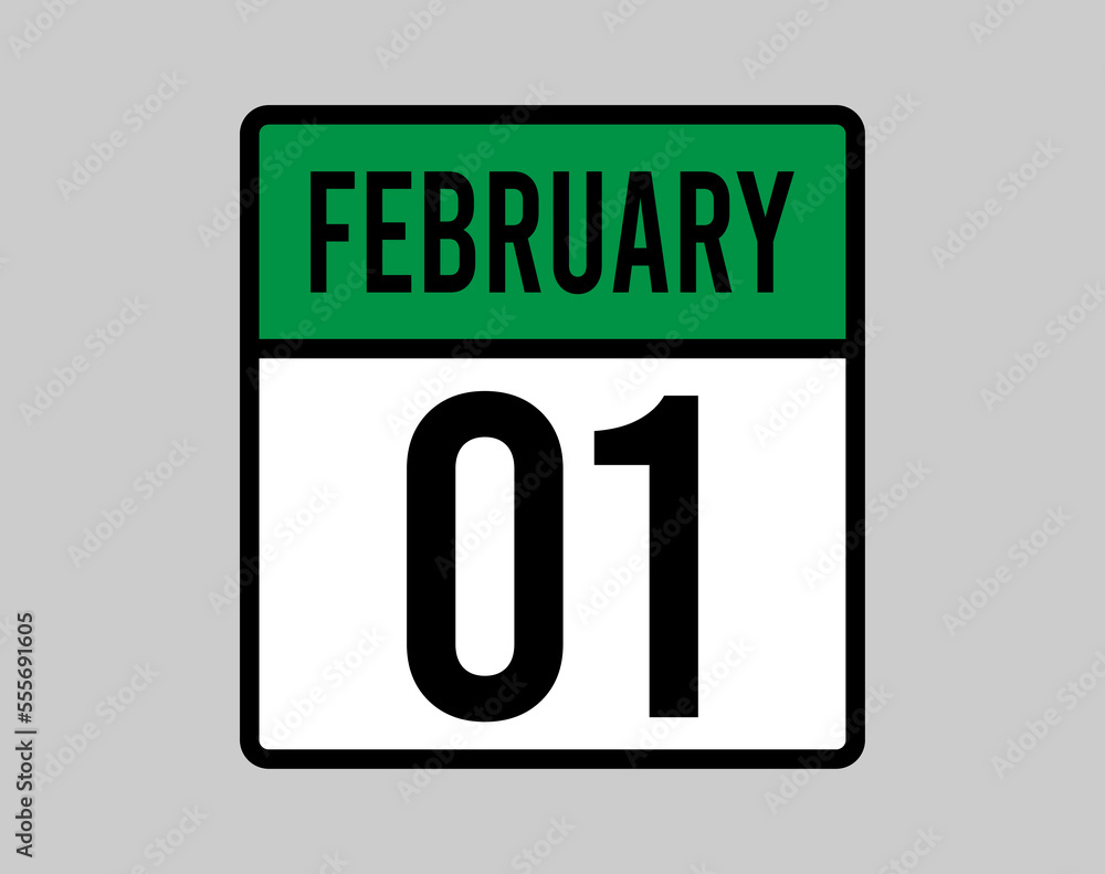 1 February day calendar page. Vector for February days in green calendar icon. Design of the month on light background 1 February day calendar page. Vector for February days in green calendar icon. Design of the month on light background