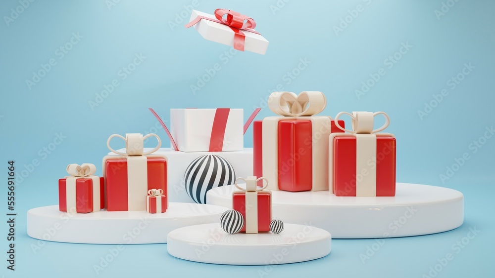 Happy New Year. A gift box is placed on a white round studio stand. 3d render. Happy New Year. A gift box is placed on a white round studio stand. 3d render.
