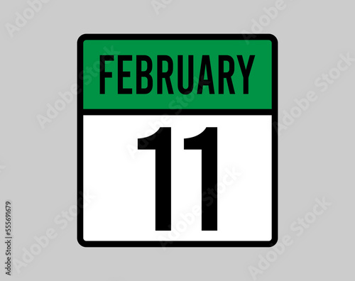 11 February day calendar page. Vector for February days in green calendar icon. Design of the month on light background