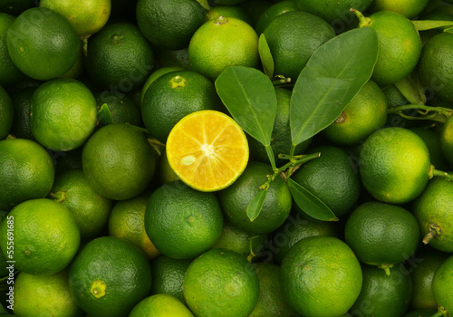 Tableau sur toile Fresh green limes background. Many ripe calamansi limes close up.