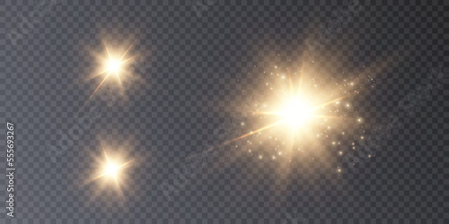 Glow of gold stars of light on a transparent background. Blurred light vector collection. Flash, sun, flicker.