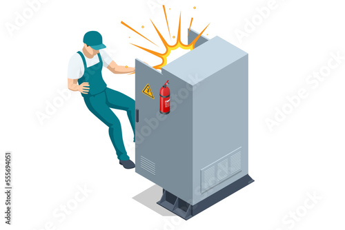 Isometric Electric switchboard. Transformer. Distribution board. Electrical power switch panel. Transformer damaged and short circuit with fire spark