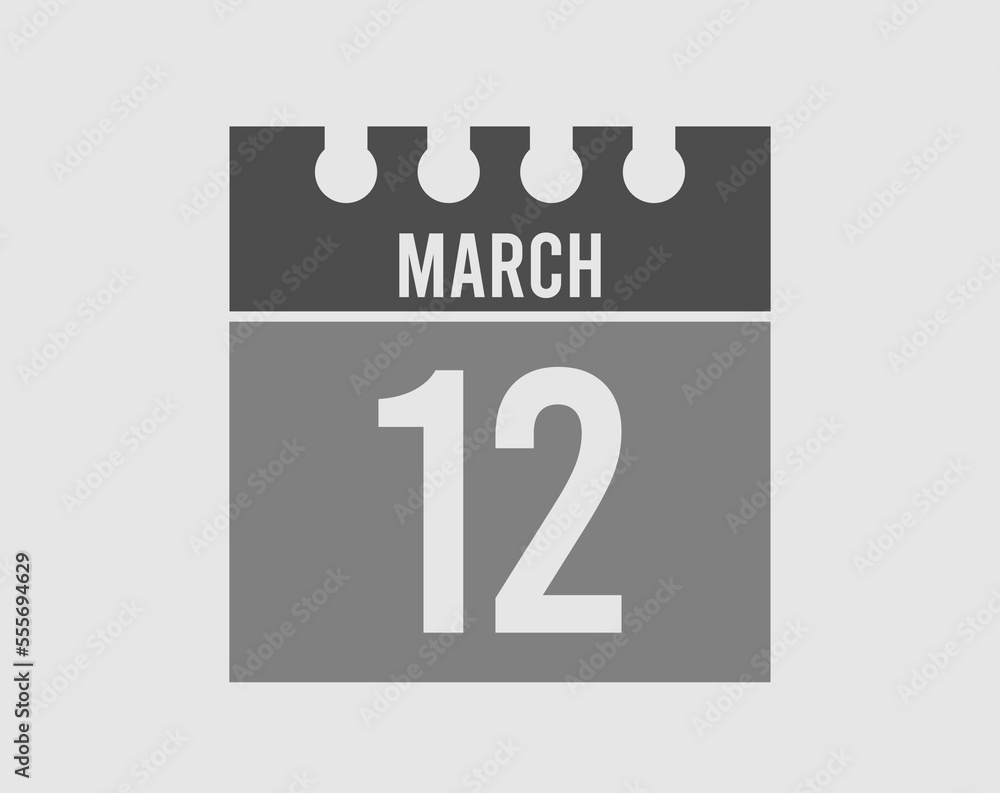 12 day March calendar icon. Gray calendar page vector for March on light isolated background