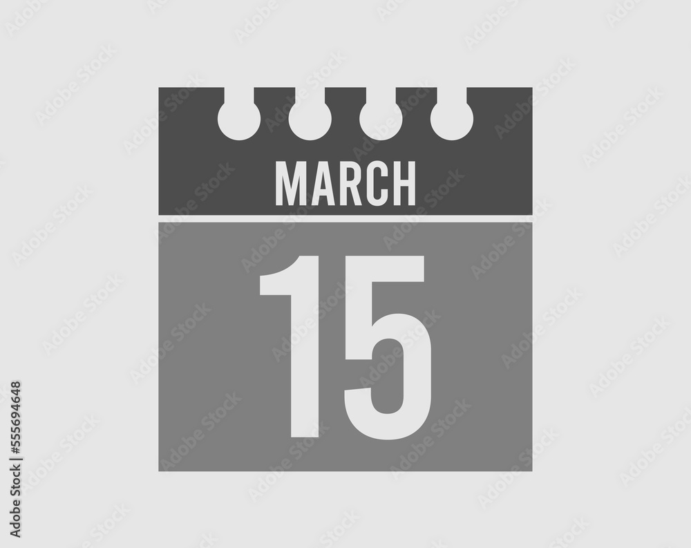 15 day March calendar icon. Gray calendar page vector for March on light isolated background 15 day March calendar icon. Gray calendar page vector for March on light isolated background