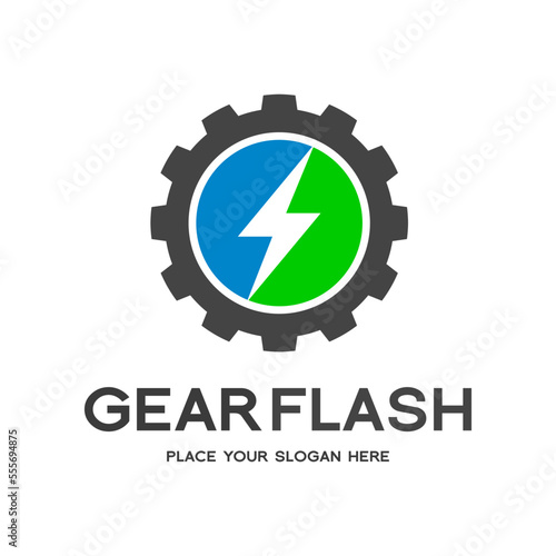Thunder Bolt Gear Cogwheel Vector Logo. This graphic is suitable for factory, flash, electric, technology, mechanic.